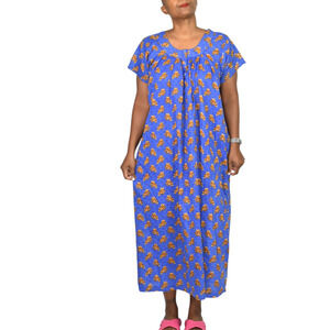 Homemade Cotton Patio Dress Blue Block Print Muumuu Housedress Loungewear Medium